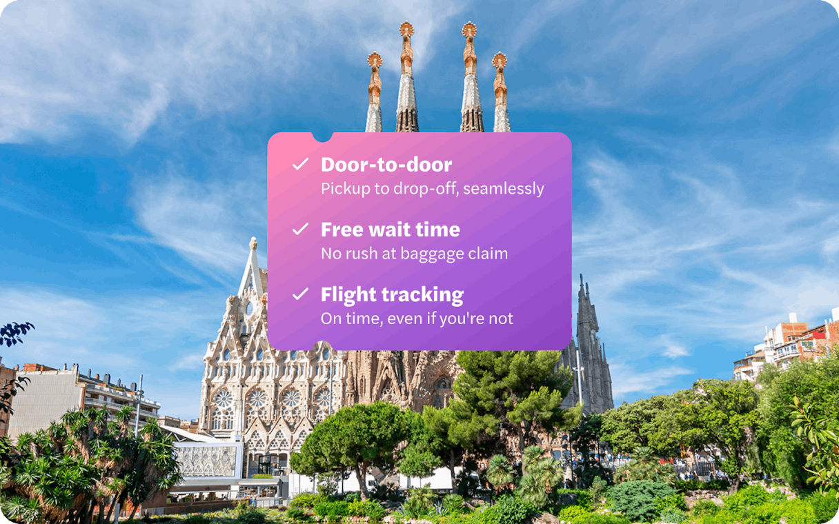 Barcelona El Prat Airport transfer service with Sagrada Familia in background.