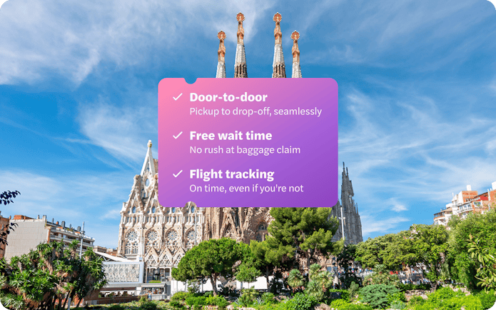 Barcelona El Prat Airport transfer service with Sagrada Familia in background.