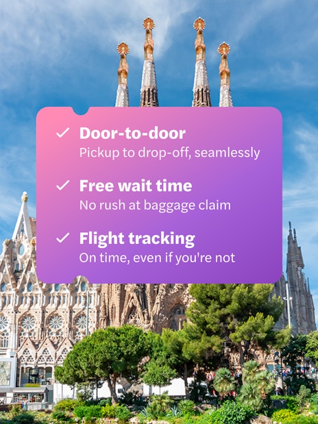 Barcelona El Prat Airport transfer service with Sagrada Familia in background.