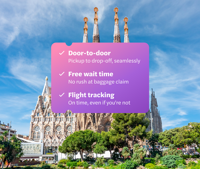 Barcelona El Prat Airport transfer service with Sagrada Familia in background.