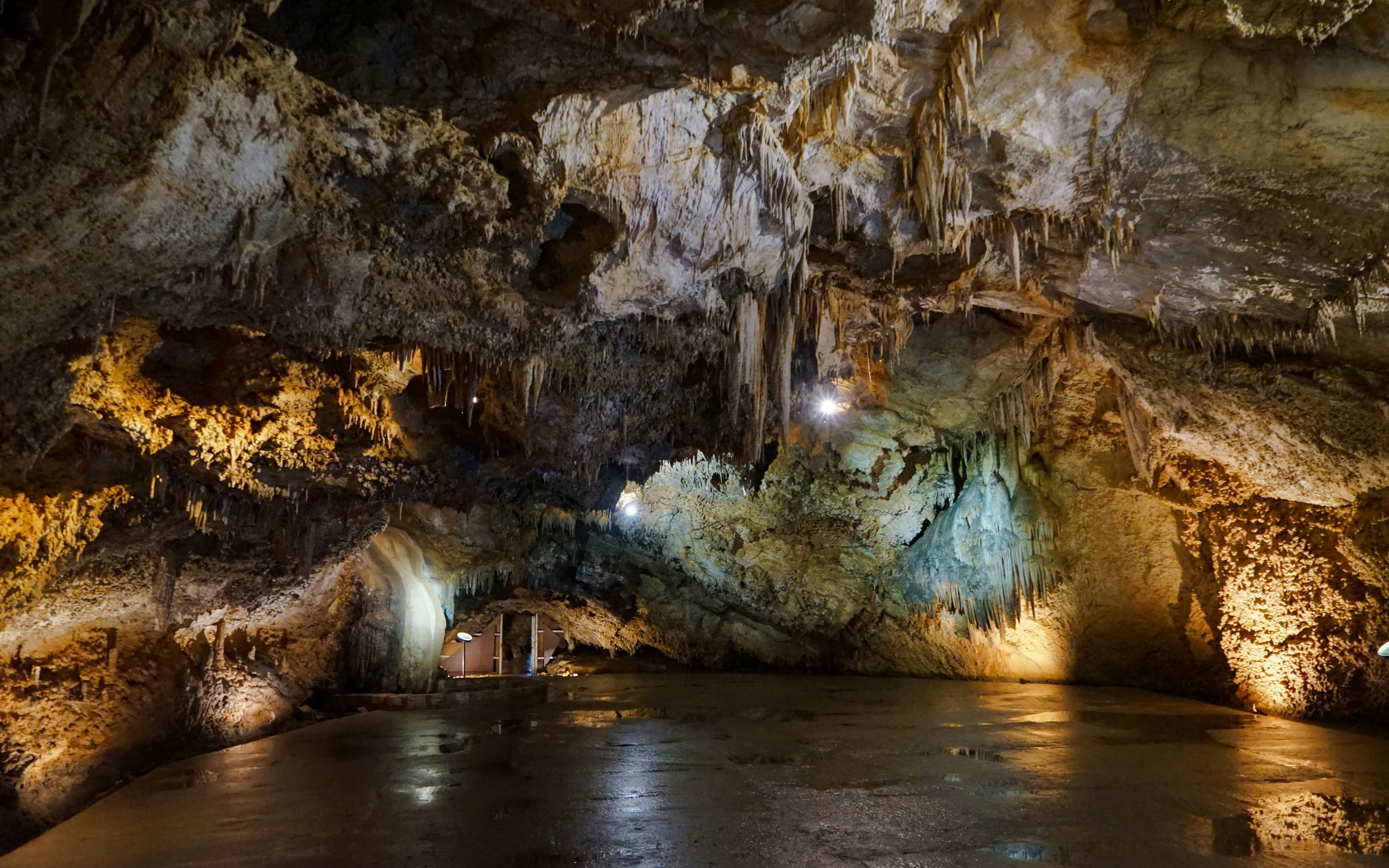 Stalactites and rock formations inside Lipa Cave, Montenegro.