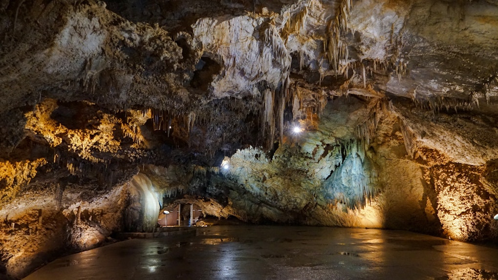 Stalactites and rock formations inside Lipa Cave, Montenegro.