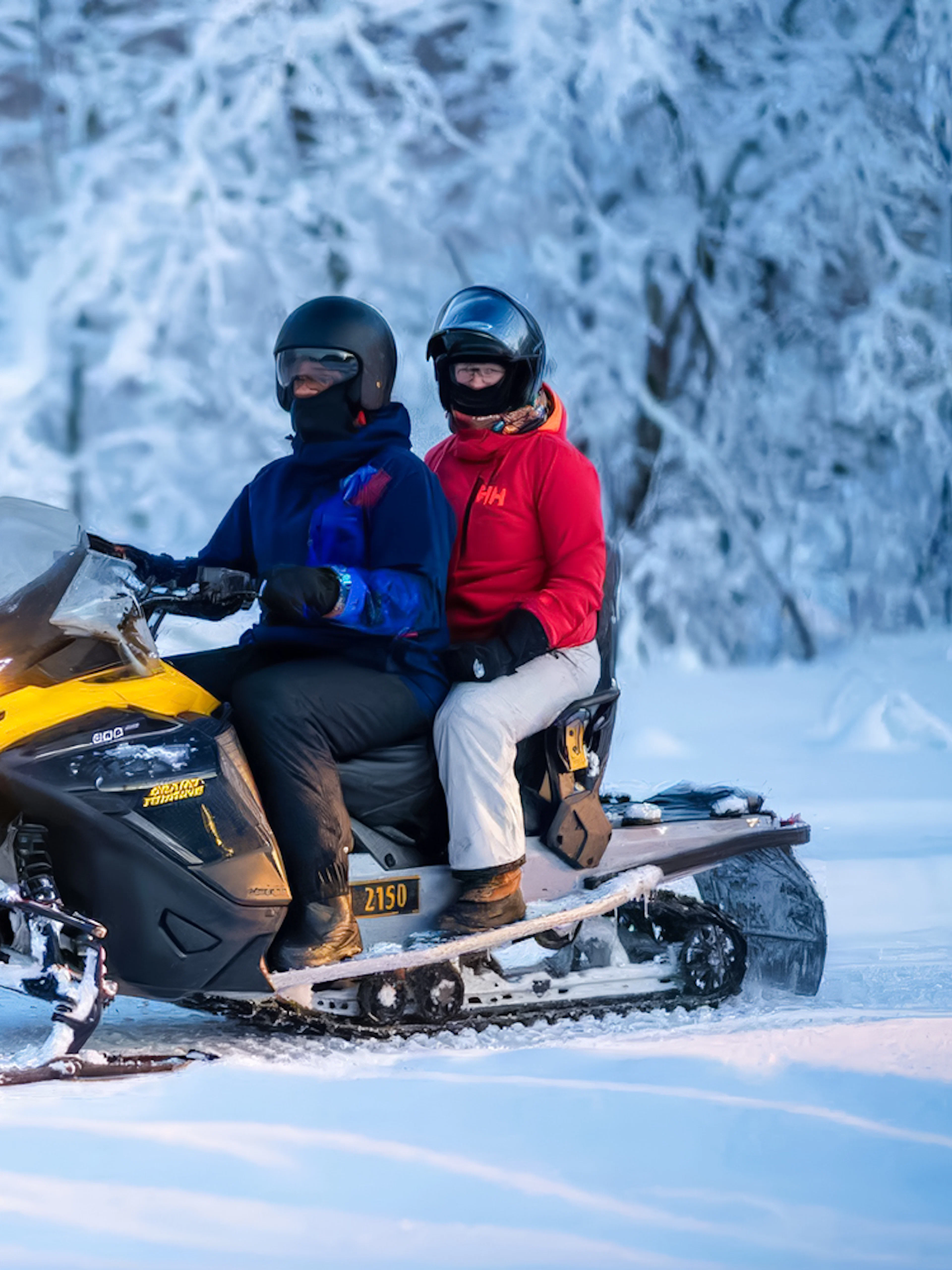 Snowmobile ride through snowy forest on small-group day trip, Tromso.