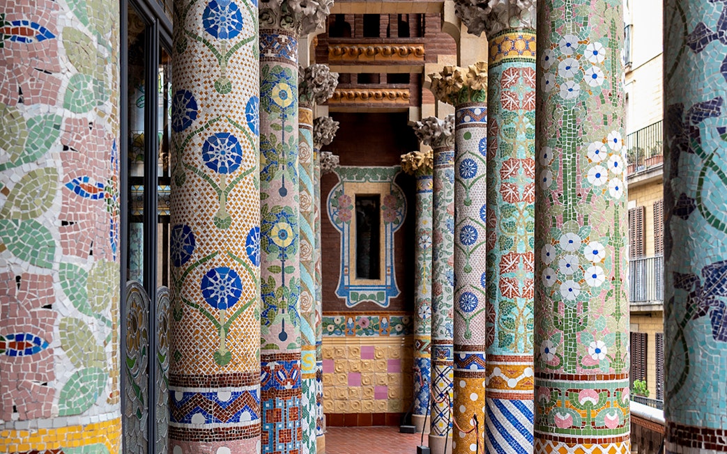 Colorful mosaic columns at Palau de la Música Catalana, Barcelona.