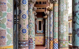 Colorful mosaic columns at Palau de la Música Catalana, Barcelona.