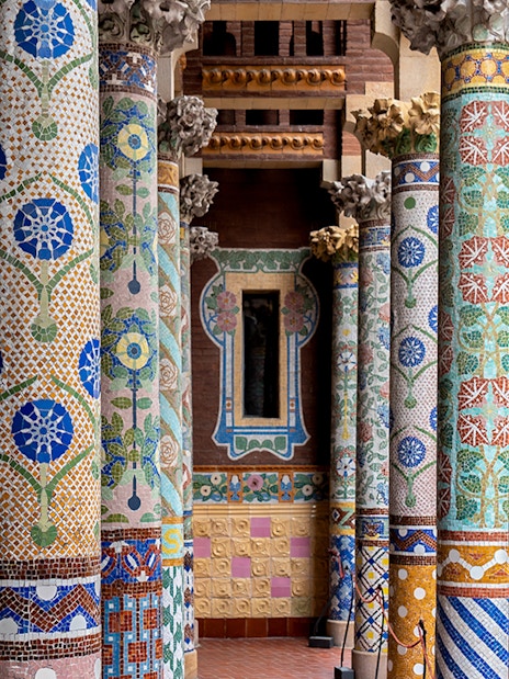 Colorful mosaic columns at Palau de la Música Catalana, Barcelona.