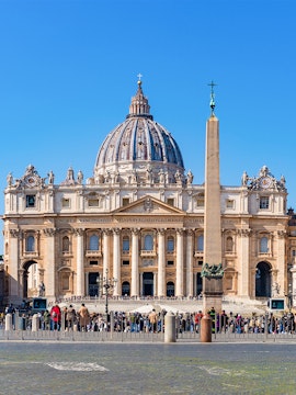 St Peter's Basilica facade with obelisk in Vatican City, Rome.