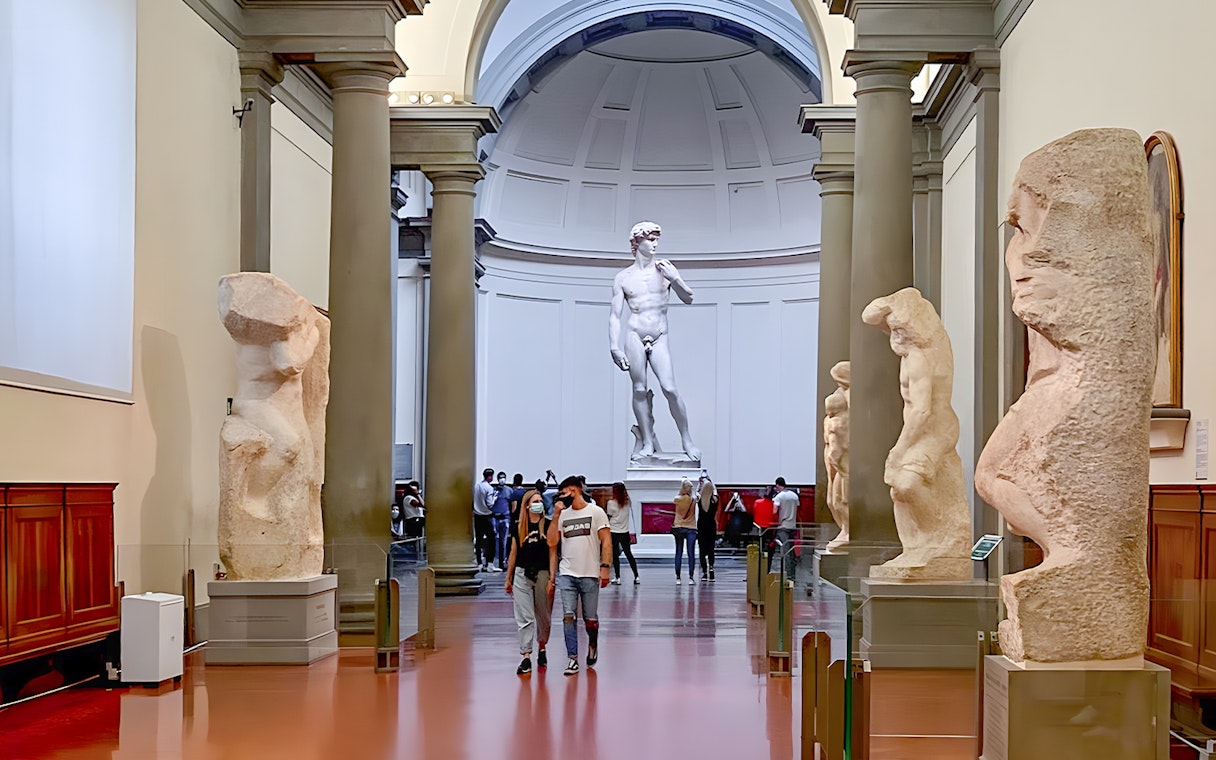 Hall of Prisoners sculptures leading to Michelangelo's David in Accademia Gallery, Florence.