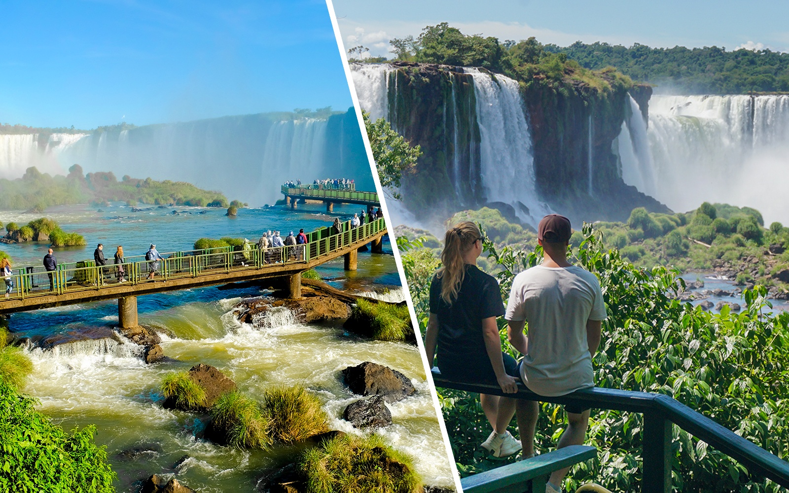Visitors on observation platforms at Iguazu Falls, Foz do Iguaçu, Brazil.