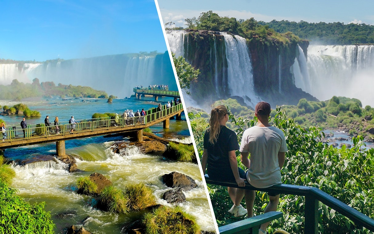 Visitors on observation platforms at Iguazu Falls, Foz do Iguaçu, Brazil.