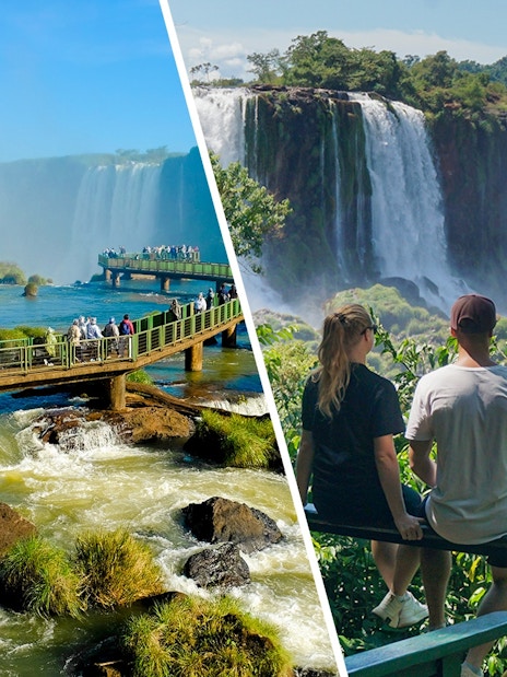 Visitors on observation platforms at Iguazu Falls, Foz do Iguaçu, Brazil.
