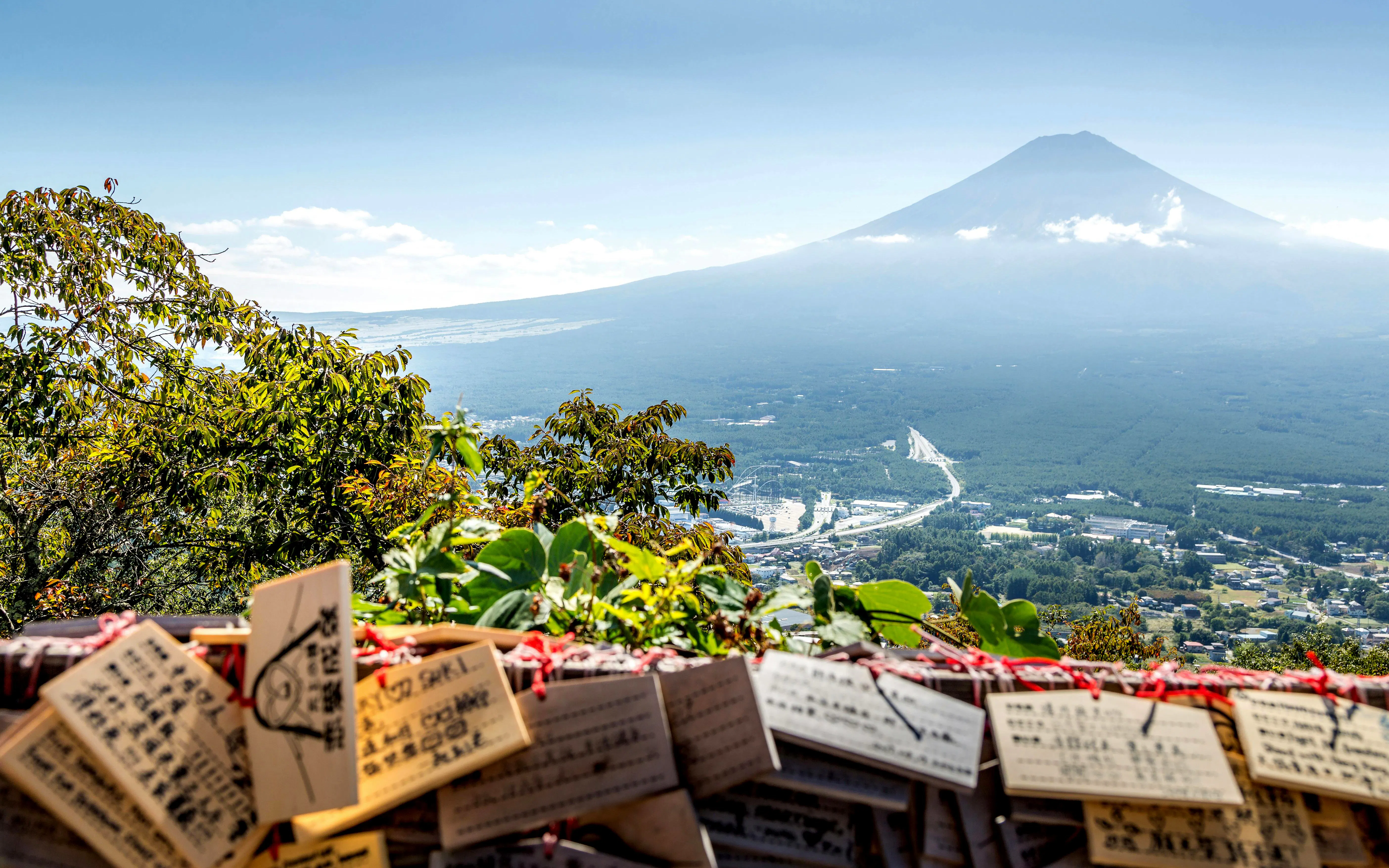 View of Mount Fuji from Tenjo Yama Park with wooden prayer plaques in foreground.