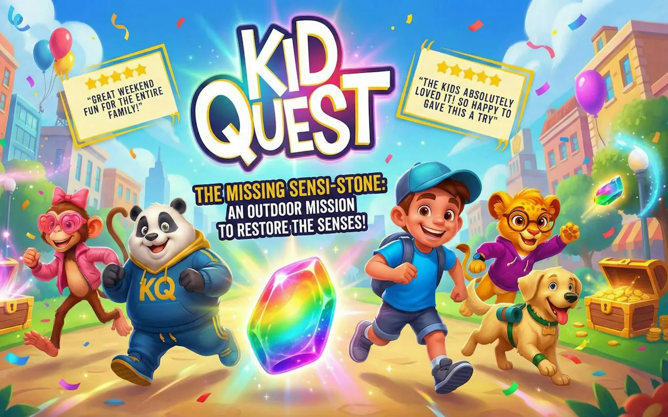 Self-guided city exploration game with kids and animals in Dublin, featuring a colorful gem quest.