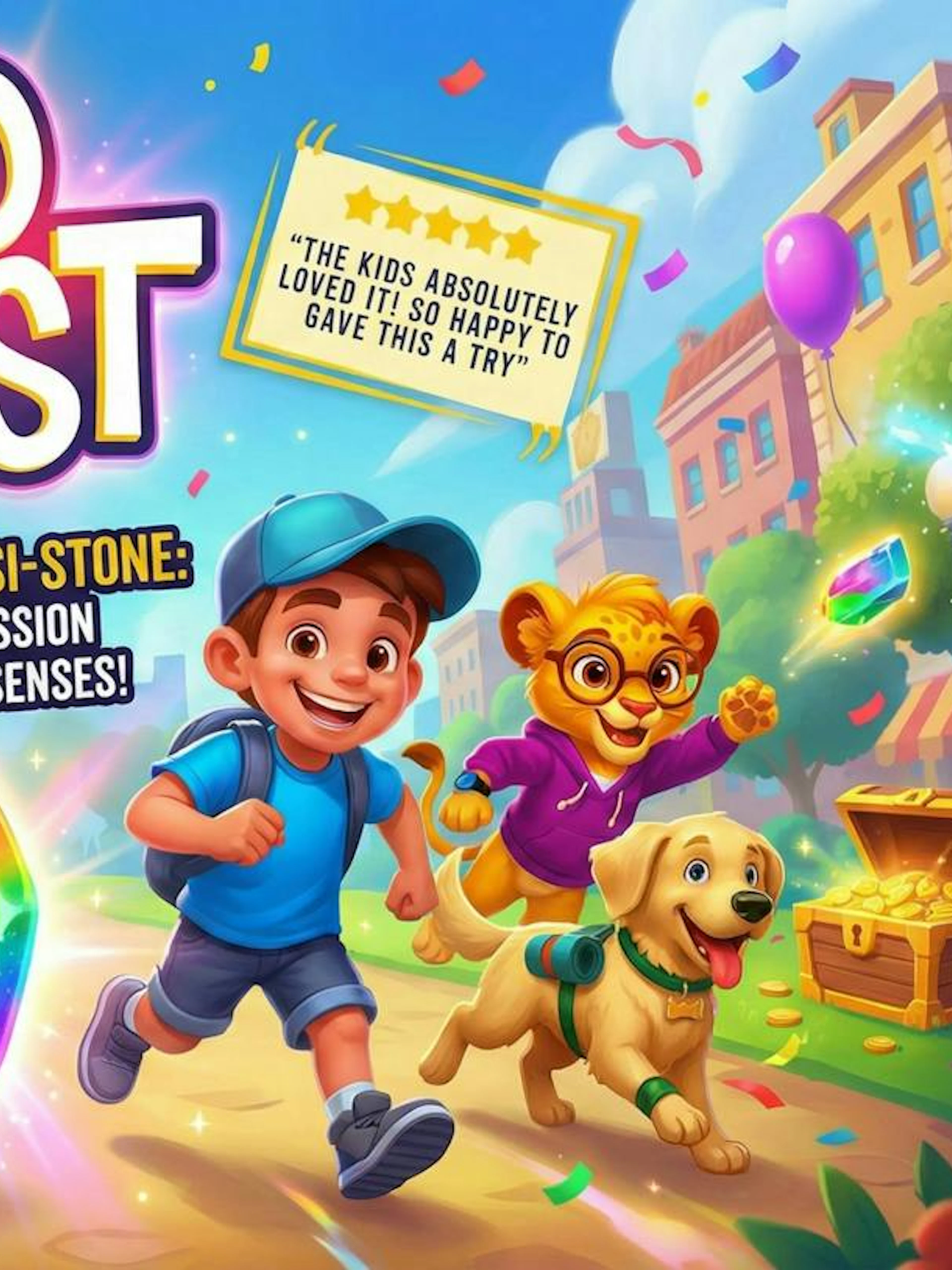 Self-guided city exploration game with kids and animals in Dublin, featuring a colorful gem quest.