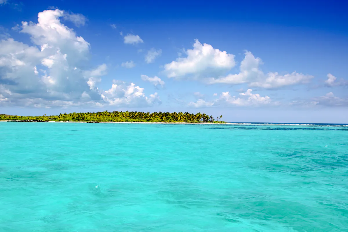 Turquoise waters and palm-lined island under blue sky, Cancun.