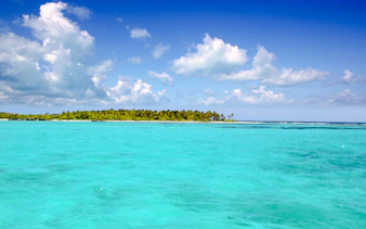 Turquoise waters and palm-lined island under blue sky, Cancun.