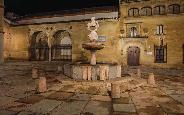 Historic courtyard with a stone fountain at night in Córdoba, Spain.
