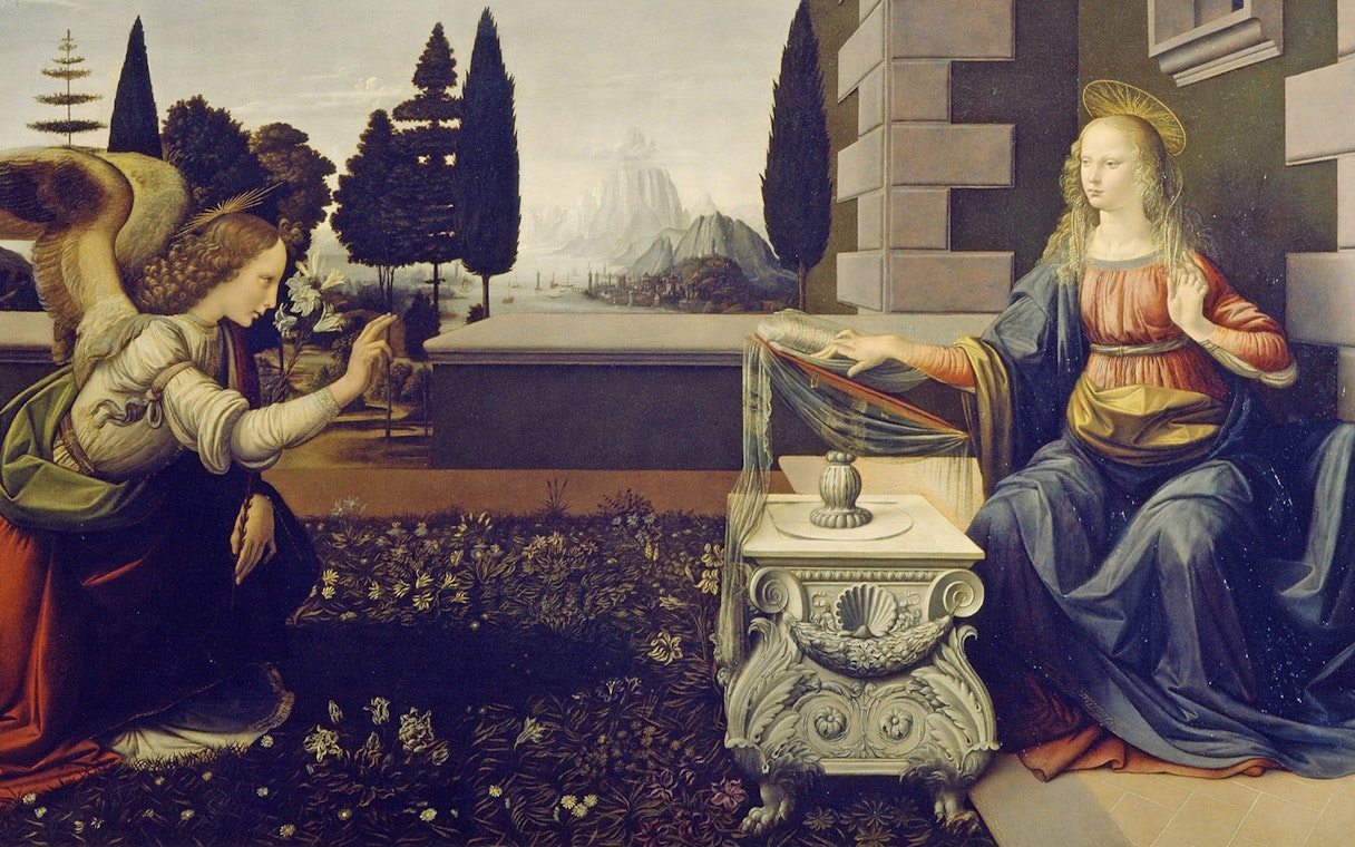 Angel Gabriel and Virgin Mary in a garden, part of Florence in a Day tour with Uffizi Gallery.