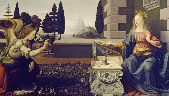 Angel Gabriel and Virgin Mary in a garden, part of Florence in a Day tour with Uffizi Gallery.