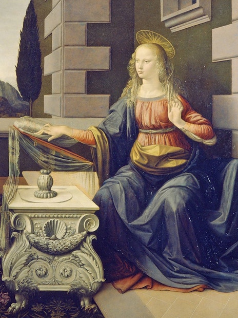 Angel Gabriel and Virgin Mary in a garden, part of Florence in a Day tour with Uffizi Gallery.