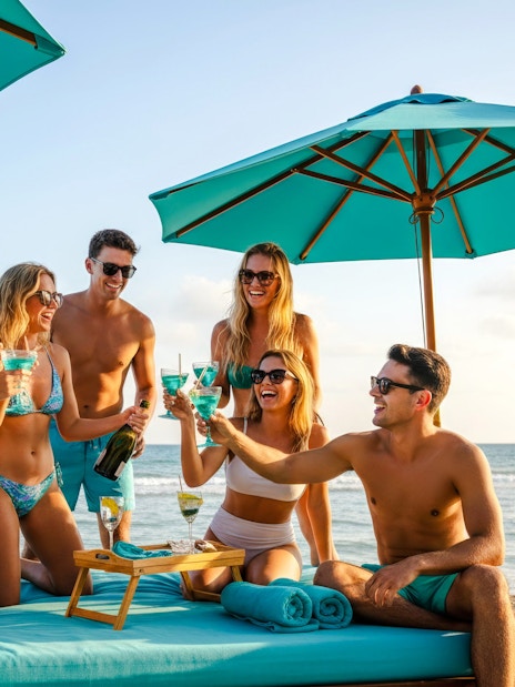 Group enjoying drinks at FINNS Beach Party Lagoon Zone, lounging on a beach bed under umbrellas.