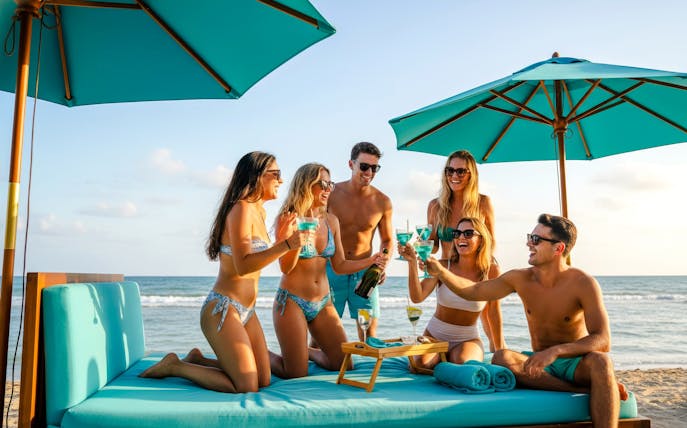 Group enjoying drinks at FINNS Beach Party Lagoon Zone, lounging on a beach bed under umbrellas.