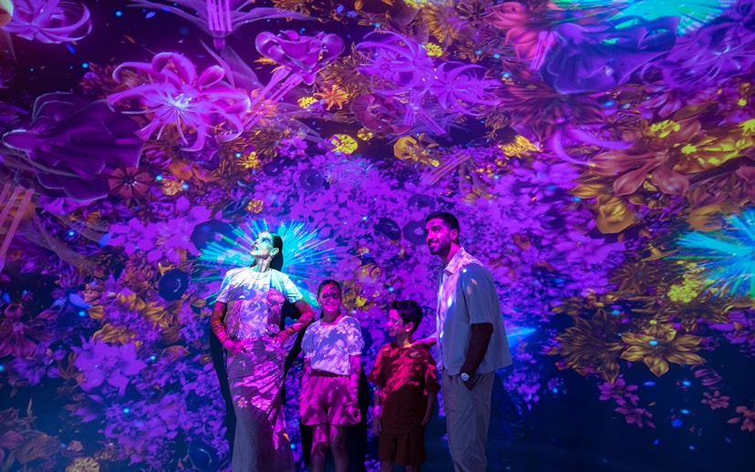 Visitors enjoying vibrant digital art at Source installation, AYA Universe.