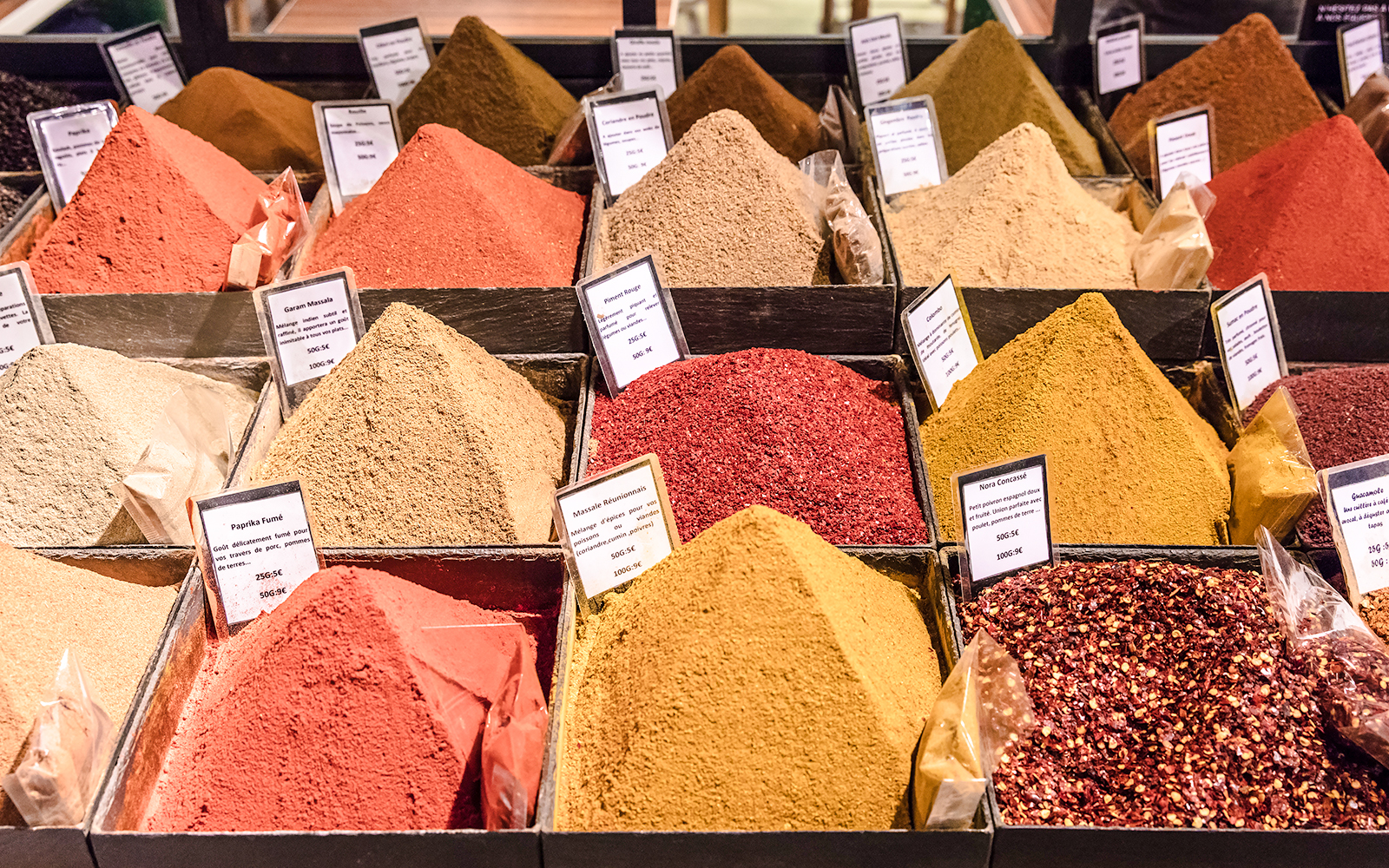 Spices displayed in Passage Brady spice shop, Paris.