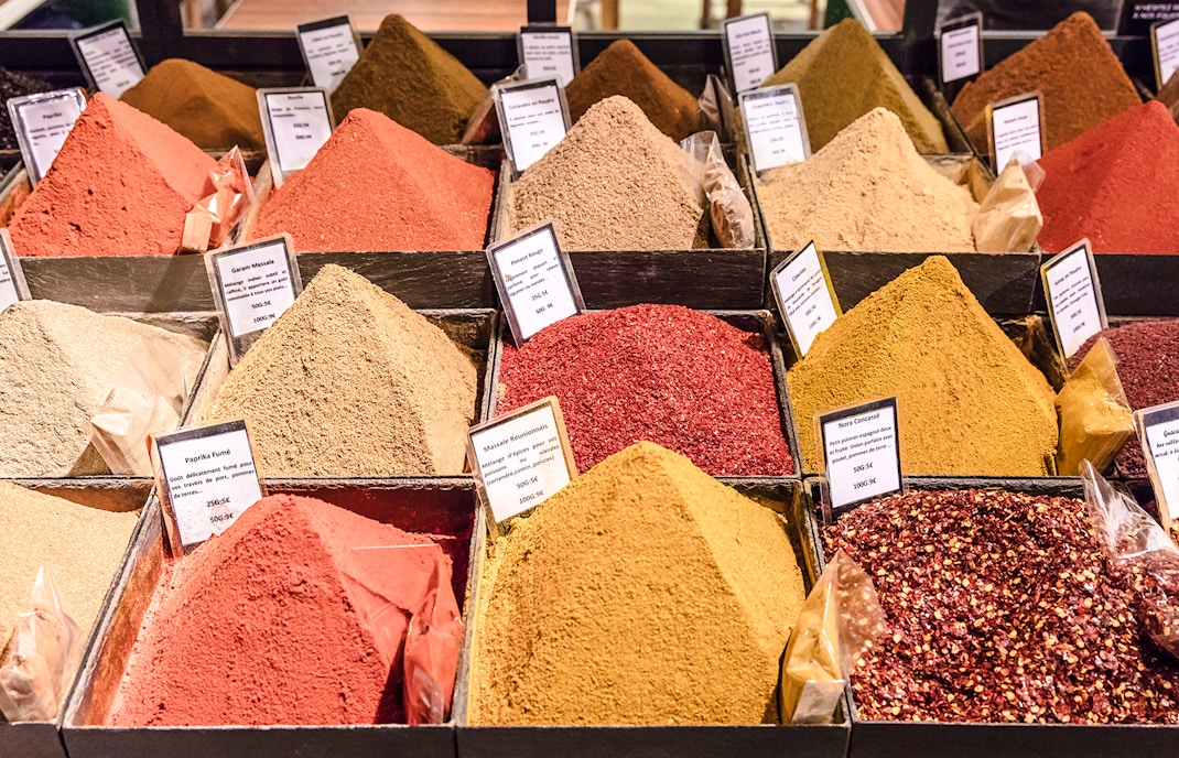 Spices displayed in Passage Brady spice shop, Paris.