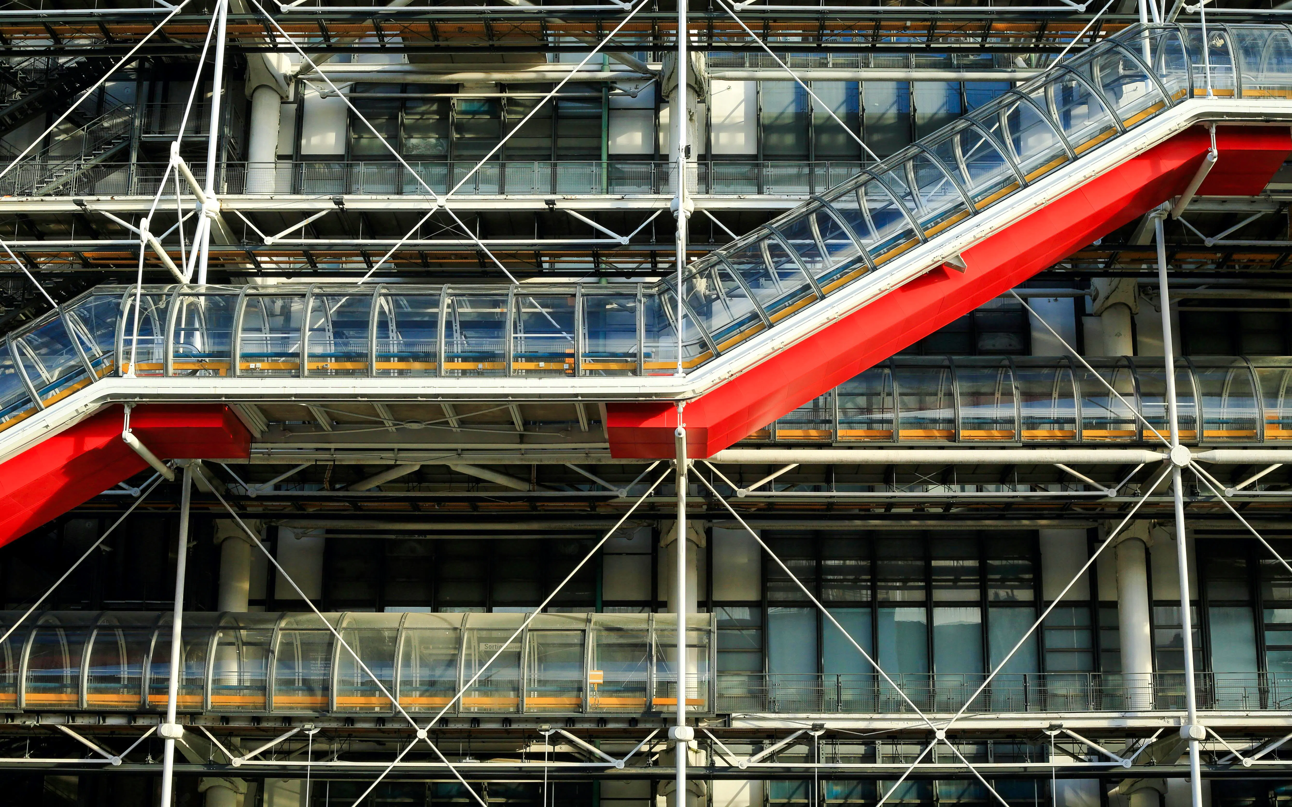 Exterior view of the Pompidou Centre's escalators in Paris.