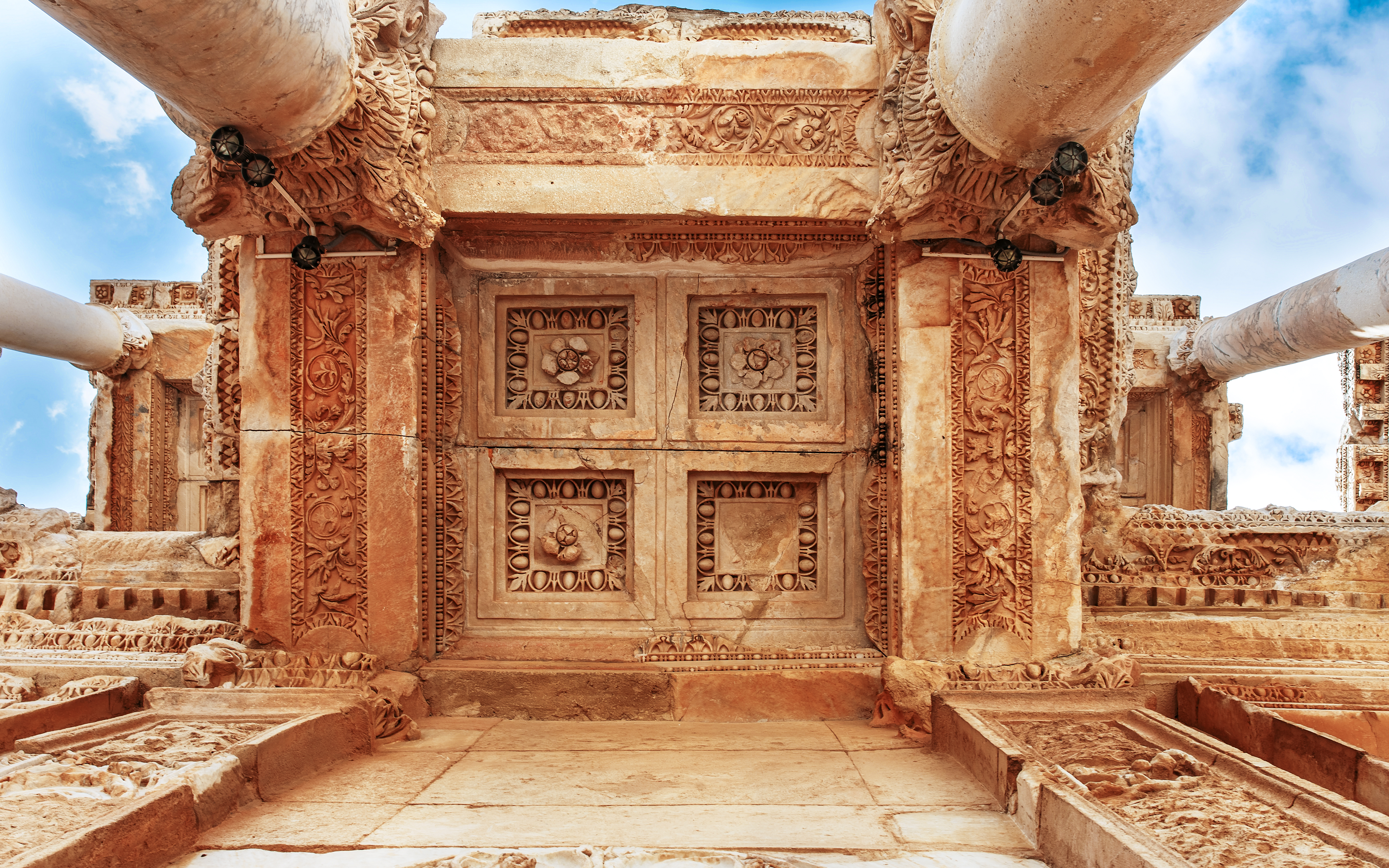 Library of Celsus column details, Ephesus, Turkey, showcasing intricate carvings.