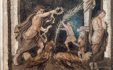 Ancient mosaic depicting figures and roosters at Naples National Archaeological Museum.