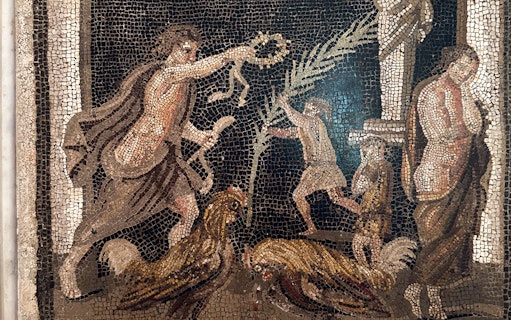 Ancient mosaic depicting figures and roosters at Naples National Archaeological Museum.