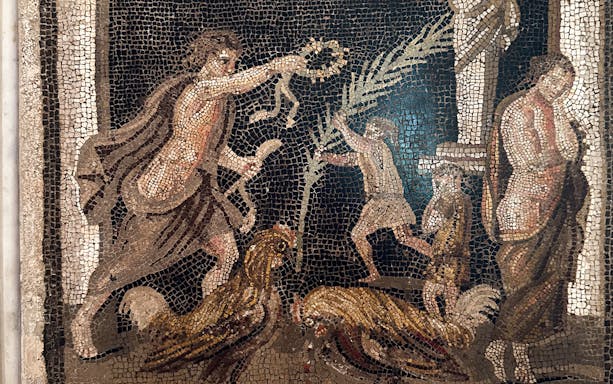 Ancient mosaic depicting figures and roosters at Naples National Archaeological Museum.