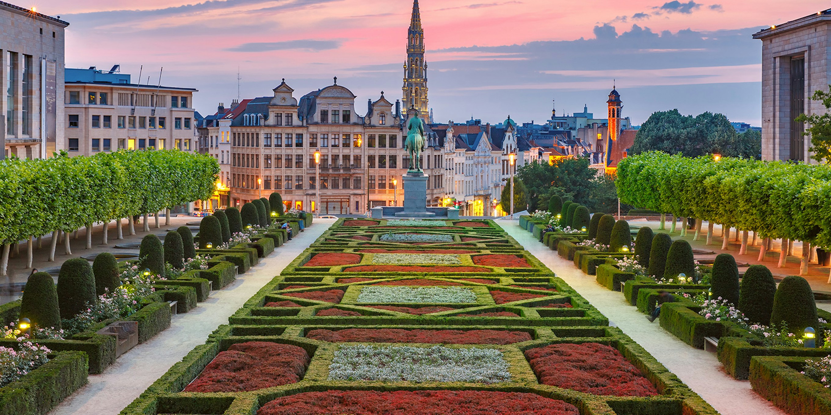 Mont des Arts garden with Brussels skyline at sunset, Belgium.