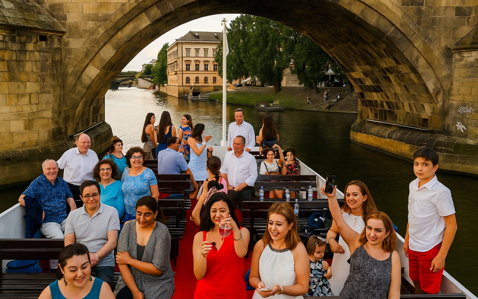 Guests enjoying a buffet dinner on a Prague evening cruise under a historic bridge.
