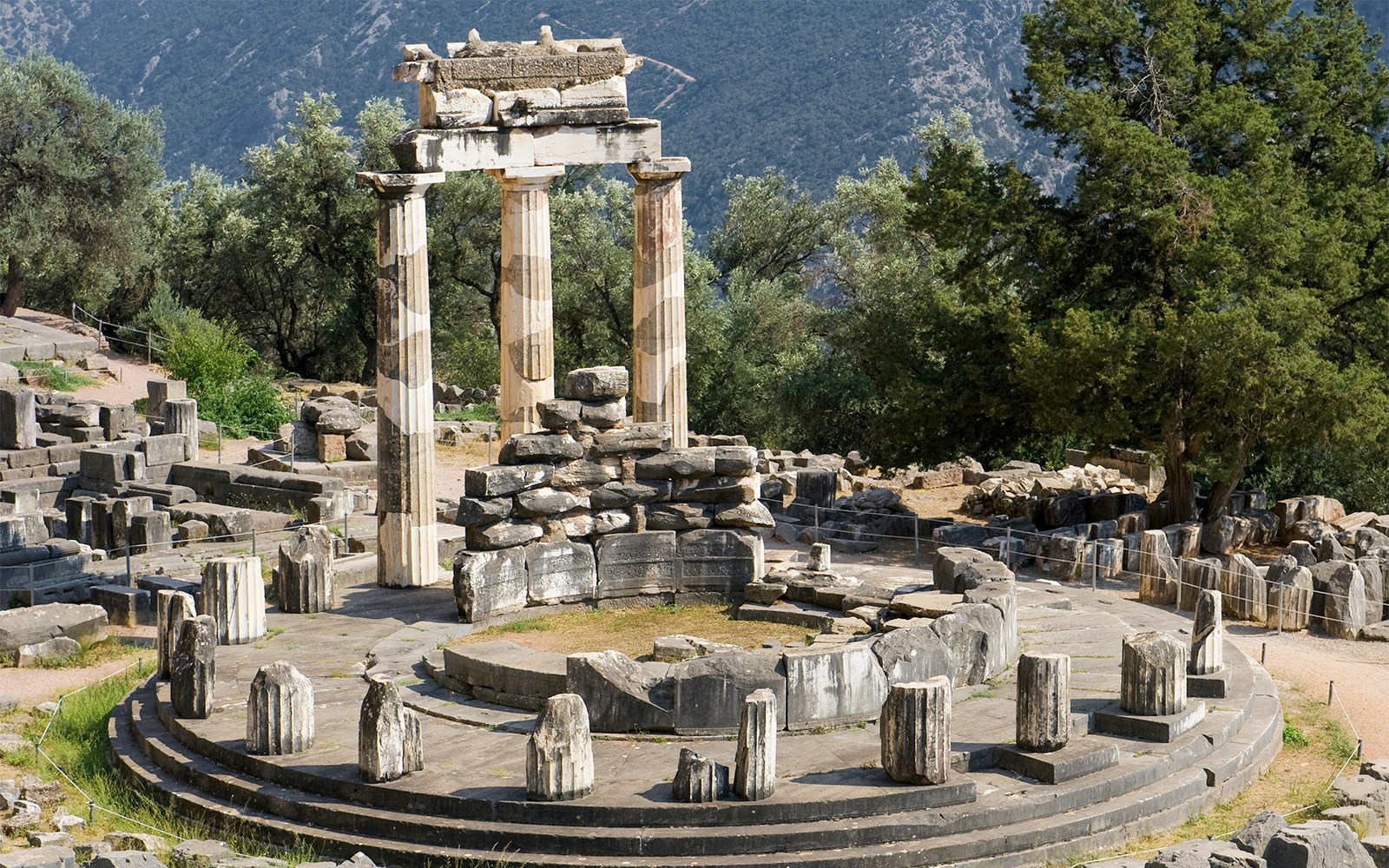 Sanctuary of Athena Pronaia ruins at Delphi Archaeological Site, Greece.