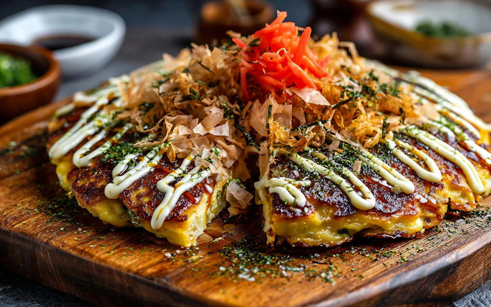 Japanese okonomiyaki pancake topped with bonito flakes, mayonnaise, and sauce.
