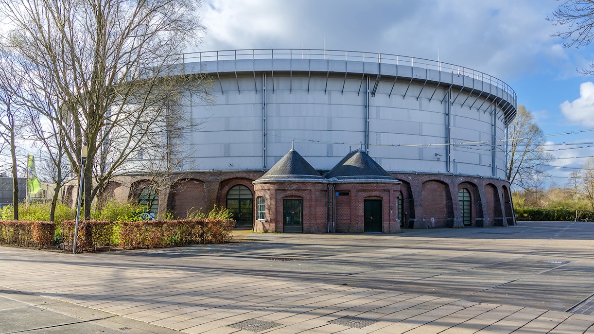 Westergasfabriek cultural park gas holder building in Amsterdam.