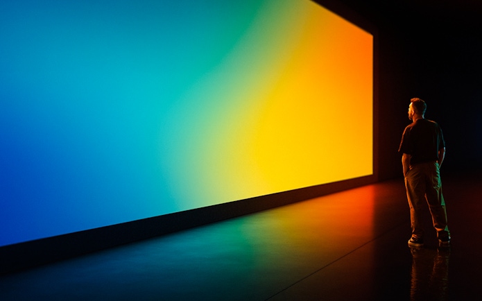 Person observing a large, colorful digital display in a futuristic gallery.