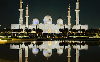 Sheikh Zayed Grand Mosque illuminated at night, reflected in water, Abu Dhabi.