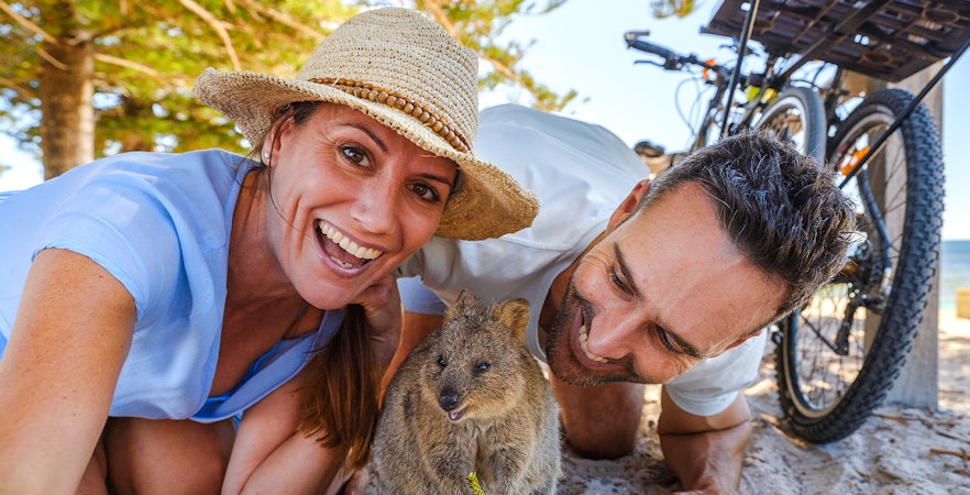 Tourists smiling with a quokka on Rottnest Island, bicycles and beach in background.