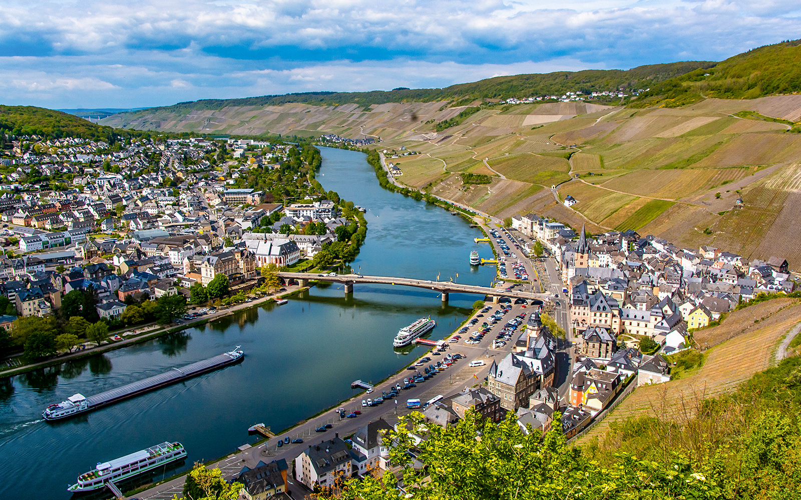 Koblenz view with Moselle River and vineyards along the riverbank.