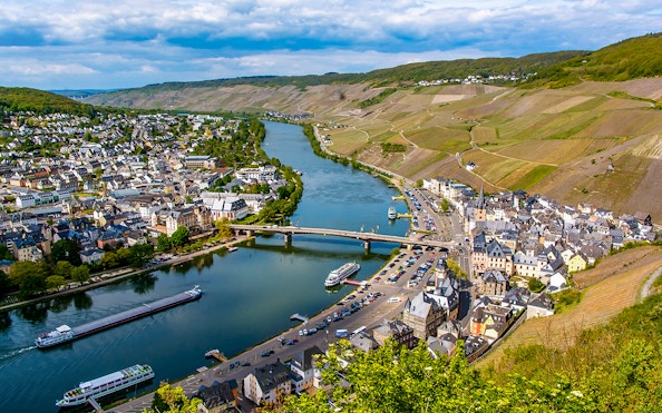 Koblenz view with Moselle River and vineyards along the riverbank.