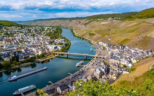 Koblenz view with Moselle River and vineyards along the riverbank.
