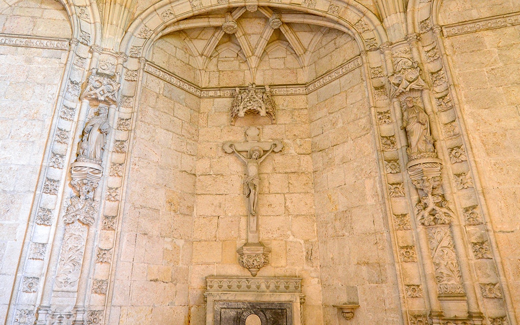 Jerónimos Monastery interior stone carvings and crucifix detail, Lisbon.