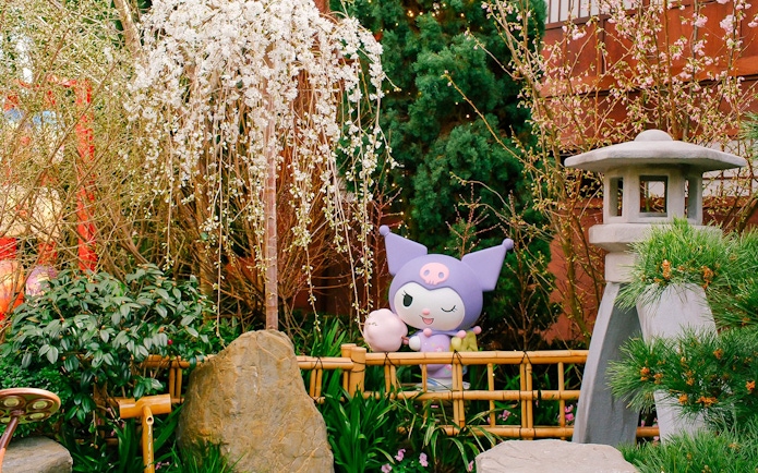 Kuromi character among cherry blossoms at Gardens by the Bay Sakura event.