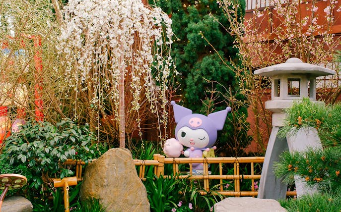 Kuromi character among cherry blossoms at Gardens by the Bay Sakura event.