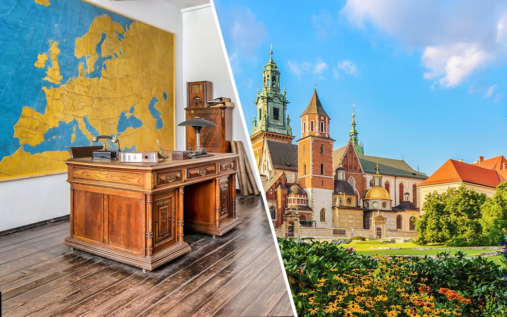 Schindler's Factory office interior and Wawel Castle exterior in Krakow, Poland.