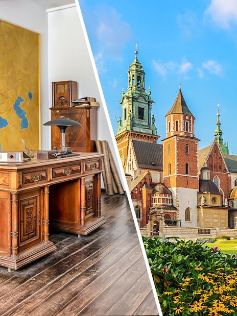 Schindler's Factory office interior and Wawel Castle exterior in Krakow, Poland.